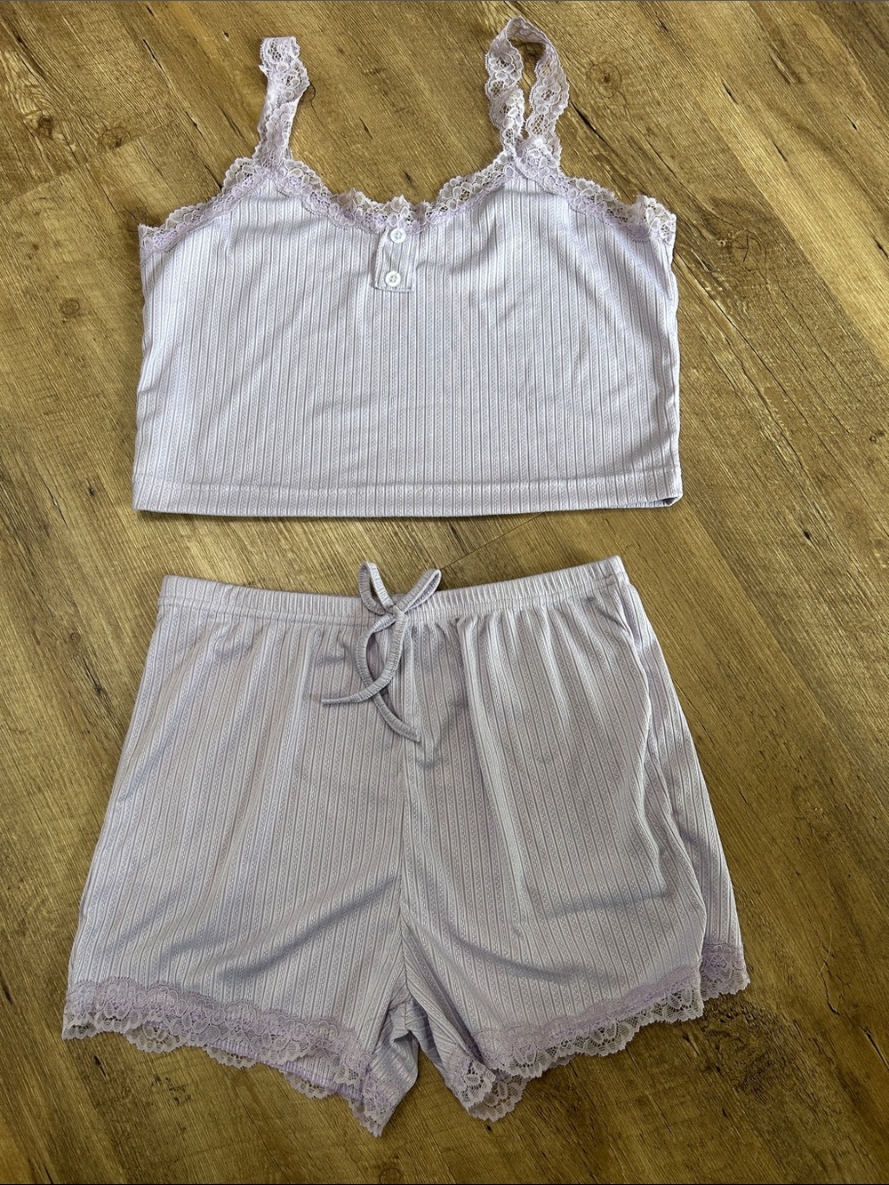 Lace Trim Ribbed Cami & Short Sleep Set - Light Lavender